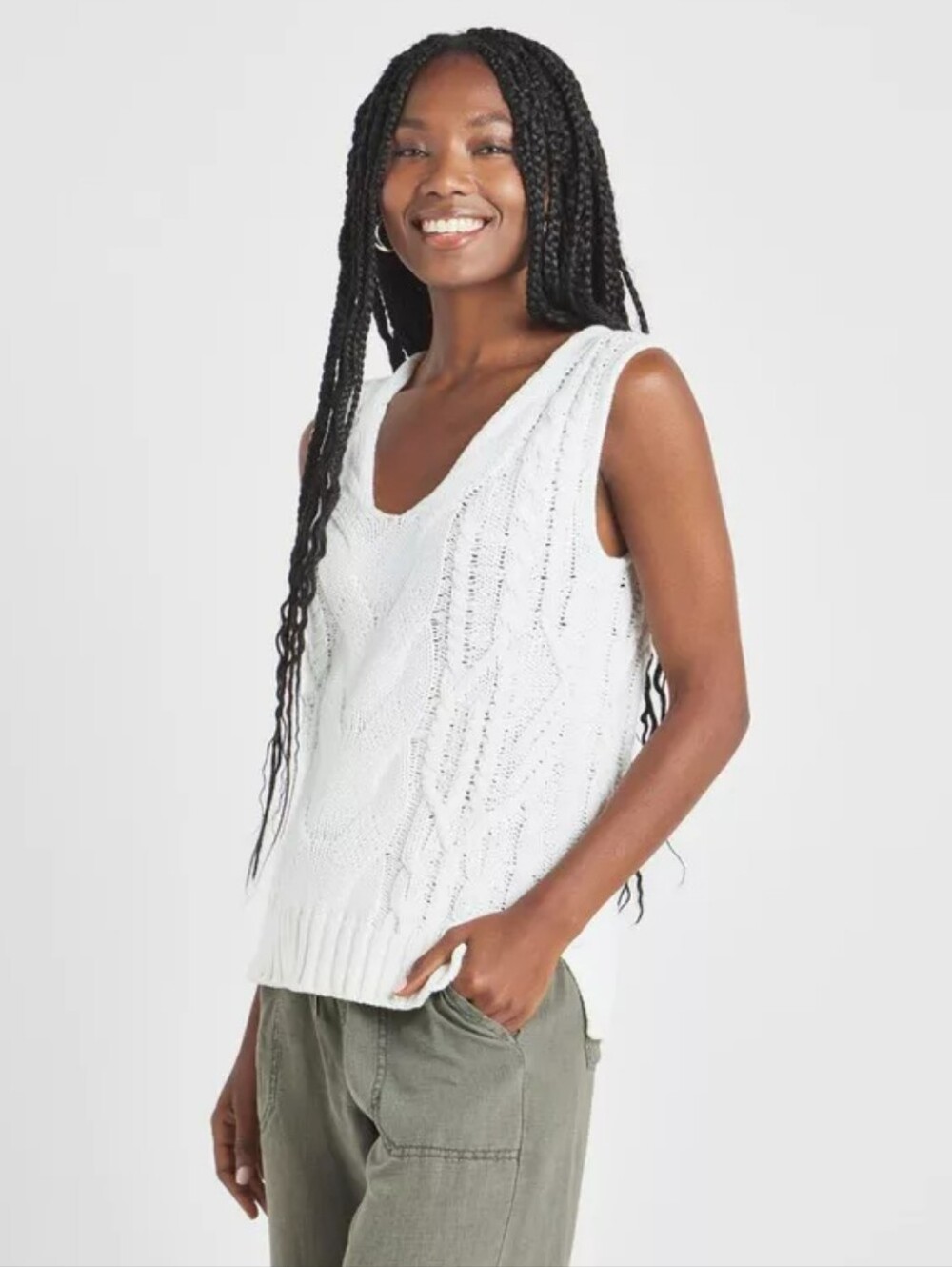 Splendid Cotton Blend White V-Neck Cable Knit Sweater Vest, Size 2